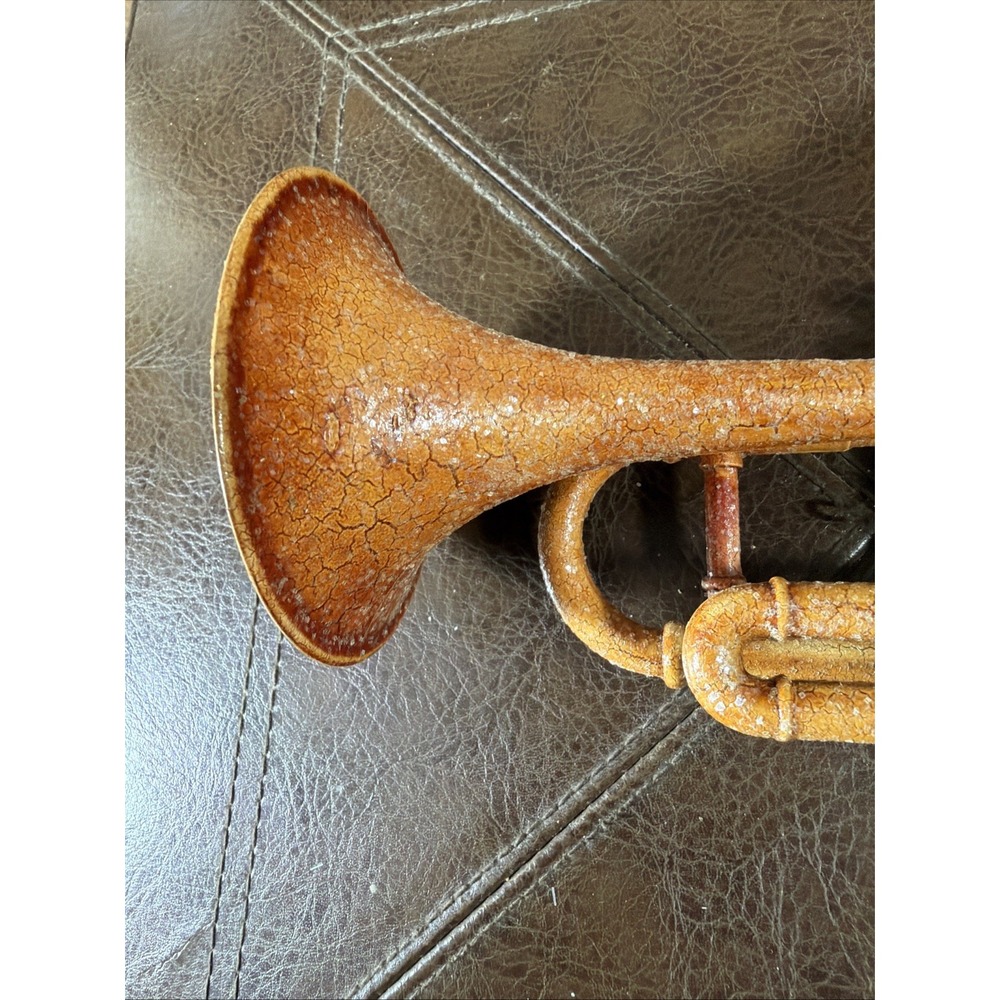 Vintage Style Glitter Trumpet Christmas Ornament Patina Orange Green Musical - Picture 2 of 13